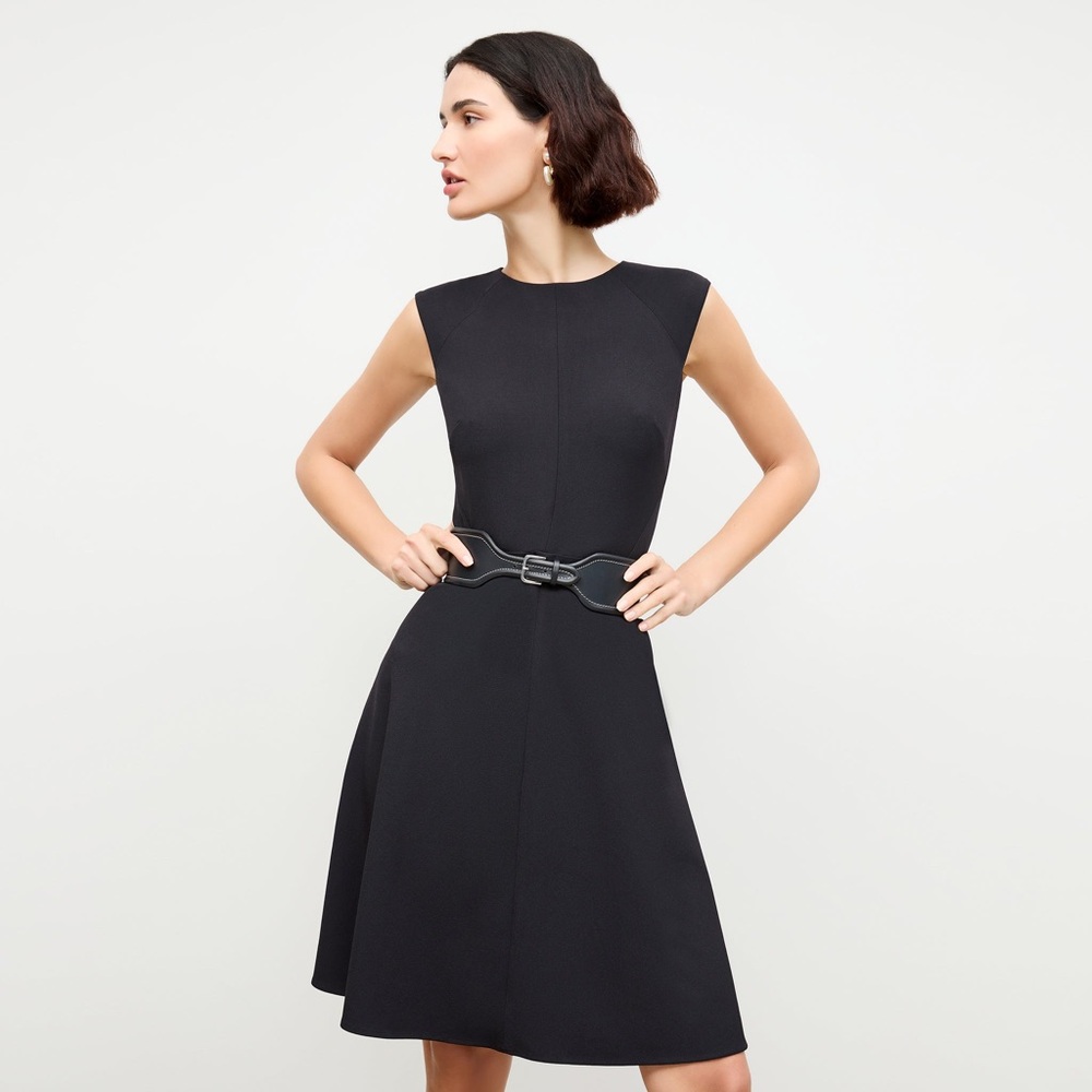 MM Lafleur Toi Black A-Line Midi Dress Cap Sleeve in wool